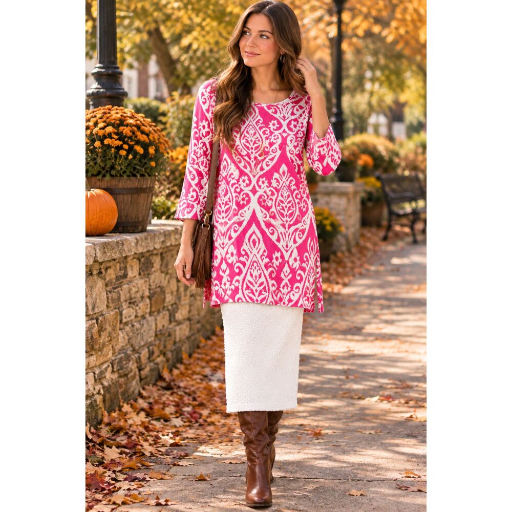 Women's Pink White Damask Tunic dress/Longline Swing Tunic Top